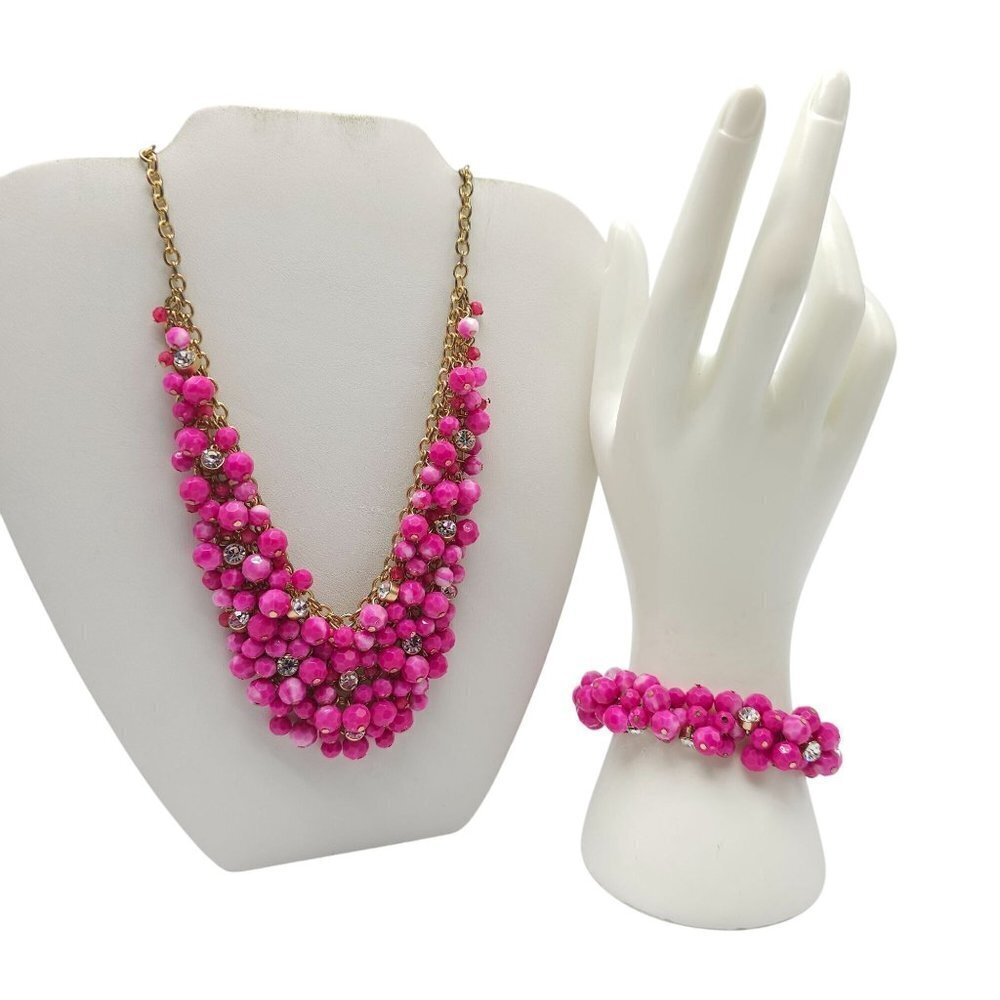 Pink Beaded Necklace Bracelet Jewelry Set Rhinestone Bead Accents Cha Cha
